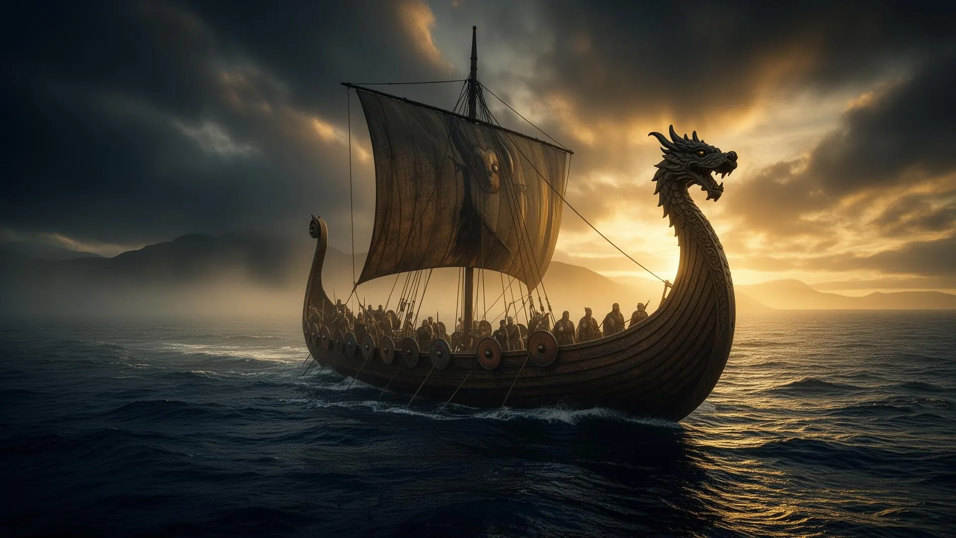 Wikinger-Langschiff bei Morgendämmerung auf der Nordsee